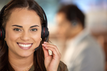 Image showing Business woman, smile portrait and call center with telemarketing and contact us talk. Female worker, consultant and crm employee with headset on customer service and consulting job in office