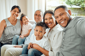 Image showing Happy big family, portrait smile and selfie on living room sofa together for holiday, weekend or bonding at home. Grandparents, parents and kids smiling for fun photo, memory or vlog on lounge couch