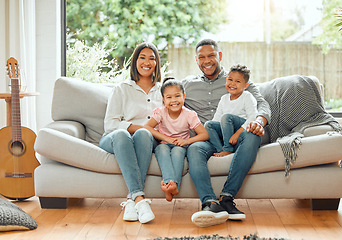 Image showing Family in portrait, parents and children smile, relax on couch with happiness and love while at home. Bonding, care and happy relationship, people together in house living room with mom, dad and kids