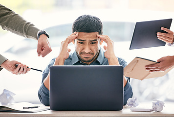 Image showing Stress, headache and chaos of man on computer in burnout, anxiety or mental health crisis, mistake and fail. Depression, brain fog and manager for time management, business questions and people hands