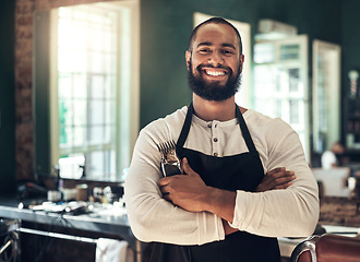 Image showing Barber shop, hair stylist smile and black man portrait of an entrepreneur with beard trimmer. Salon, professional worker and male person face with happiness from small business and beauty parlor