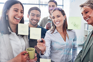 Image showing Teamwork, glass and happy business people for planning, brainstorming and writing ideas or project goals. Laughing, creative startup and women, men or group on sticky note, solution and job solution