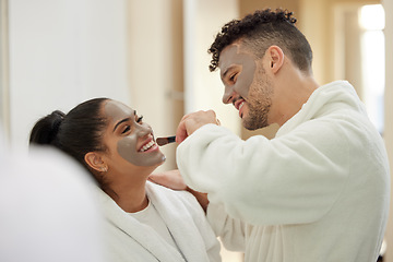 Image showing Facial, spa and help with couple and mask for skincare, cosmetics and detox treatment. Beauty, relax and self care morning with man and woman in bathroom at home for salon, wellness and love