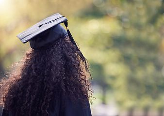 Image showing Graduation cap, student back and woman for university, education or school success, job search and success. College graduate or person for scholarship, diploma or study achievement on campus or park