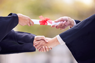 Image showing Giving, diploma and people handshake in graduation success, congratulations or thank you. University students, graduate or person shaking hands for certificate, award and scholarship event in closeup