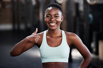 Image showing Sports, black woman and athlete with thumbs for gym success or happy workout and isolated. Fitness, train and African female runner or smile or yes for health and motivation for winning on mock up