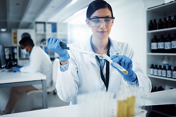 Image showing Research, experiment and woman scientist in laboratory with chemical, sample or analysis. Healthcare, analytics and lady expert with liquid for vaccine, cure or futuristic innovation or solution