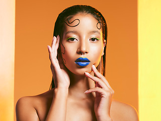 Image showing Makeup art, beauty and portrait of woman in studio for cosmetics, eye shadow and hairstyle. Creative design, cosmetology and face of female person with blue lipstick for glamour, fashion and style