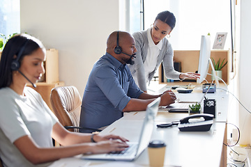 Image showing Call center, crm or support with a manager and consultant at work in an office for assistance. Contact us, customer service or consulting with hr management training an employee in telemarketing