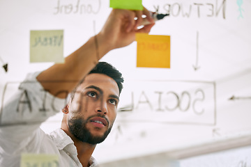 Image showing Writing, planning and business man for brainstorming, project workflow and management goals on glass board. Startup, ideas and creative worker, employee or person with work schedule with sticky notes