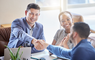 Image showing Business people, handshake and applause in meeting for partnership, b2b agreement or hiring at office. Happy group of employees shaking hands and clapping in recruitment, teamwork or corporate growth