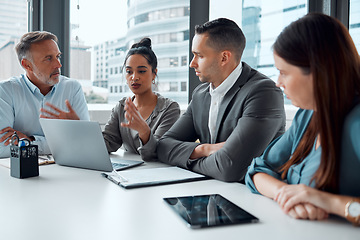 Image showing Teamwork discussion, laptop and planning strategy for web tech management, leader presentation or web design in office. Team, business people and corporate meeting for marketing or digital training