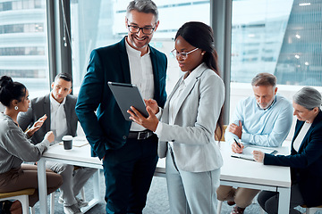 Image showing Business people, tablet and conversation with ceo for planning and collaboration in office. Technology, teamwork and black woman with mentor in discussion, communication and research on digital app