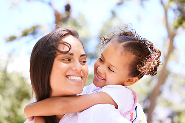 Image showing Child, mother and piggyback with family outdoor in nature for summer happiness, love and care. Face of a woman or mom and girl kid playing together at park for adventure, quality time and freedom