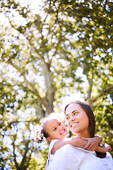 Image showing Mother, child and family outdoor for a piggyback in summer with happiness, love and care. Woman or mom and girl kid playing together at nature park for adventure, quality time and freedom with space