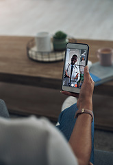 Image showing Phone, video call consulting with a doctor and a patient in the home for healthcare, medical or insurance. Telehealth, communication and remote with a person talking to a medicine professional online