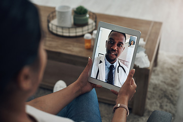 Image showing Tablet, remote consulting with a doctor and a patient in the home for healthcare, medical or insurance. Video call, telehealth and contact with a person talking to a medicine professional online