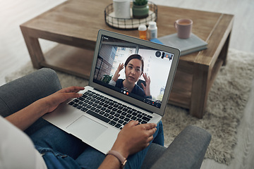 Image showing Laptop, telehealth consulting with a doctor and a patient in the home for virtual health or medical care. Video call, communication or remote with a person talking to a medicine professional online