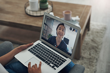 Image showing Laptop, remote consulting with a doctor and a patient in the home for healthcare, medical or insurance. Video call, communication and virtual with a person talking to a medicine professional online