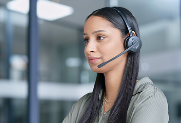 Image showing Woman, call center with CRM and contact us, communication with headset and technology in office. Female consultant customer service, telemarketing or tech support with help desk employee at office