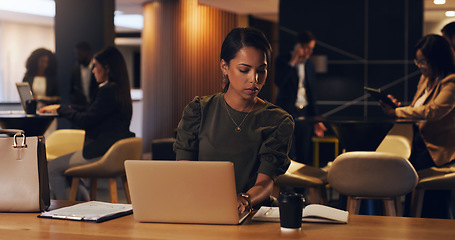 Image showing Notebook, corporate lounge and woman reading company schedule, journal note or planner appointment information. Coworking, laptop and night person check research, business summary or review book info