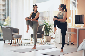 Image showing Friends, exercise and women stretching together in a house with a smile, health and wellness. Indian sisters or female family in a home while happy about workout, yoga and fitness with a partner