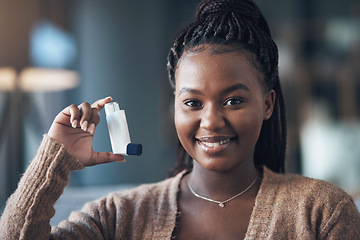 Image showing Asthma, medicine and portrait of a woman with inhaler to breathe in home for health and wellness. Happy black person with pharmaceutical product for healthcare, lungs or chest and respiratory problem