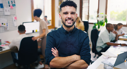 Image showing Man, happy and portrait of designer with arms crossed in office workplace for business. Face, confidence and graphic design, male person or creative entrepreneur, professional and leadership mindset.