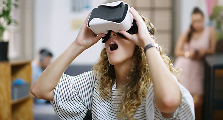 Image showing Virtual reality, future and shocked woman in the metaverse, digital or VR in a technology agency or futuristic startup company. Smile, fantasy and surprised person using internet 3D web tech online