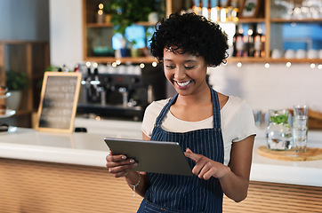 Image showing Happy woman, tablet and waitress at cafe for order, inventory or checking stock at restaurant. Female person, barista or employee on technology in small business for online service at coffee shop