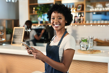 Image showing Happy woman, tablet and portrait of waitress at cafe for order, inventory or checking stock at restaurant. Female person, barista or employee on technology in small business management at coffee shop