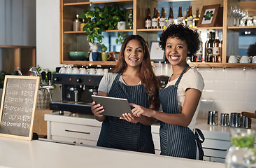 Image showing Happy woman, tablet and portrait of waitress team at cafe for inventory, checking stock or order at restaurant. Barista women or small business teamwork on technology at coffee shop in online service