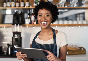 Image showing Happy woman, tablet and portrait of barista at cafe with smile in management, inventory or stock at restaurant. Female person, waitress or employee on technology for small business at coffee shop