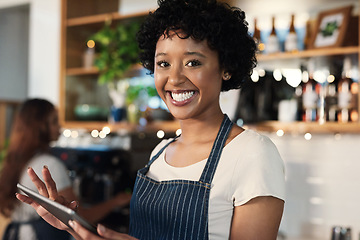 Image showing Happy woman, tablet and portrait of waitress at cafe with smile in management, leadership or inventory at restaurant. Female person, barista or employee on technology in small business at coffee shop