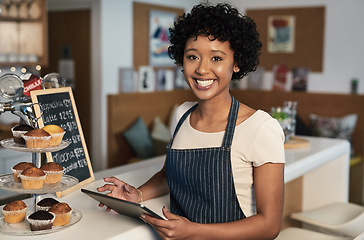 Image showing Happy woman, tablet and portrait of barista at cafe for order, inventory or checking stock in management. Female person, waitress or employee on technology small business at coffee shop restaurant