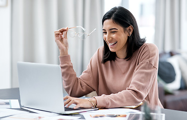 Image showing Laptop, smile and remote work of woman or designer in home working on internet project. Computer, graphic design and happy female person, freelancer and typing email for business research