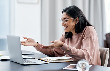 Image showing Laptop, video call surprise and remote work of woman in home talking, discussion or communication. Computer, virtual chat and happy female person, freelancer and professional in online conversation.