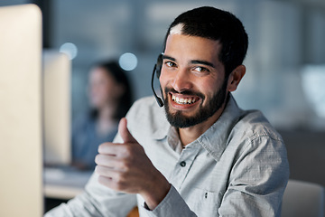 Image showing Call center, portrait and man with thumbs up for customer service, sales target and CRM success in office. Happy consultant, thumb and yes emoji of winning support, excellence and good telecom advice