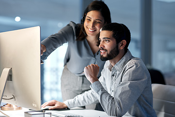 Image showing Call center, manager and telemarketing team at computer for software training, customer service and CRM in office at night. Man, woman and sales mentor helping intern on desktop for technical support