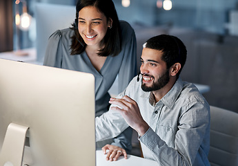 Image showing Call center, manager and happy team at computer for software training, customer service and CRM in office. Man, woman and sales mentor helping intern on desktop, telemarketing and technical support