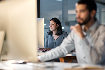 Image showing Call center, woman and working at computer for customer service, telemarketing sales and consulting in coworking office. Female agent, desktop and communication for advice, questions and CRM at night