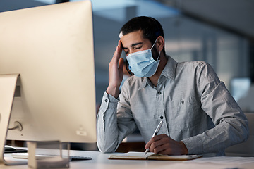 Image showing Call center, man and headache with face mask at computer for stress, burnout or problem with client communication. Tired telemarketing consultant with virus protection for crisis, bad service or pain