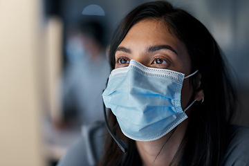 Image showing Call center, woman and face mask at computer for customer service, technical support and CRM consulting in office. Female telemarketing agent with virus protection for online help, questions or sales