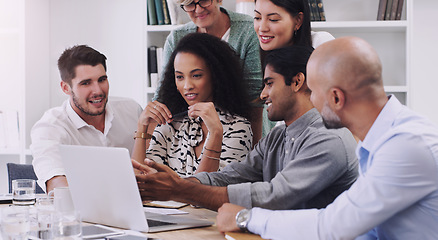 Image showing Laptop, problem solving and business people in a meeting in office for planning creative project. Teamwork, discussion and professional employees working and brainstorming with computer in workplace.