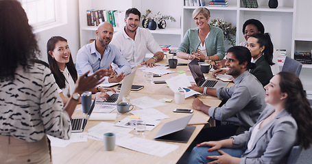 Image showing Businesspeople, presentation with leader planning and with laptop at desk in a office at their workplace. Teamwork or collaboration, business meeting and colleagues discussing together in a boardroom