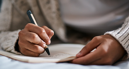 Image showing Notebook, bed and person hands for planning, brainstorming and studying notes, education and creativity. Journal, goals and student in bedroom zoom for home learning, plan schedule and reminder