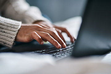 Image showing Laptop, hands and person typing, work from home or e learning for online education, school website and course information. Working, planning and man or student on computer on studying or creative app