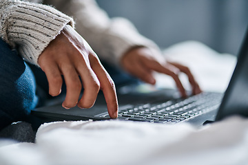 Image showing Laptop, hands and person typing in bedroom, work from home or e learning for online education, website and college. Working, planning and student on computer with studying or creative research