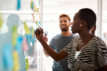 Image showing Brainstorming, presentation and teamwork with black woman in meeting for speaker, notes and planning. Collaboration, goals and idea with business people in office for schedule, solution or moodboard