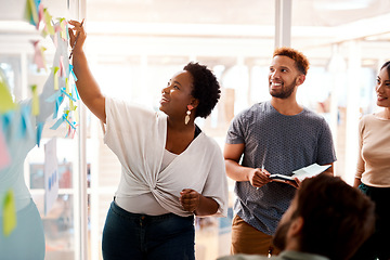 Image showing Brainstorming, speaker and teamwork with black woman in meeting for coaching, branding and planning. Collaboration, goals and idea with business people in office for schedule, solution and moodboard